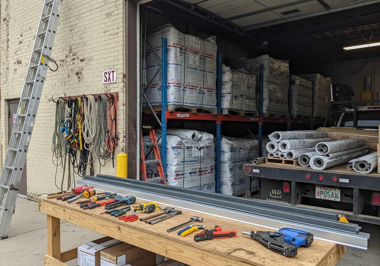 Professional roofing crew with tools and equipment ready for residential and commercial roof work.