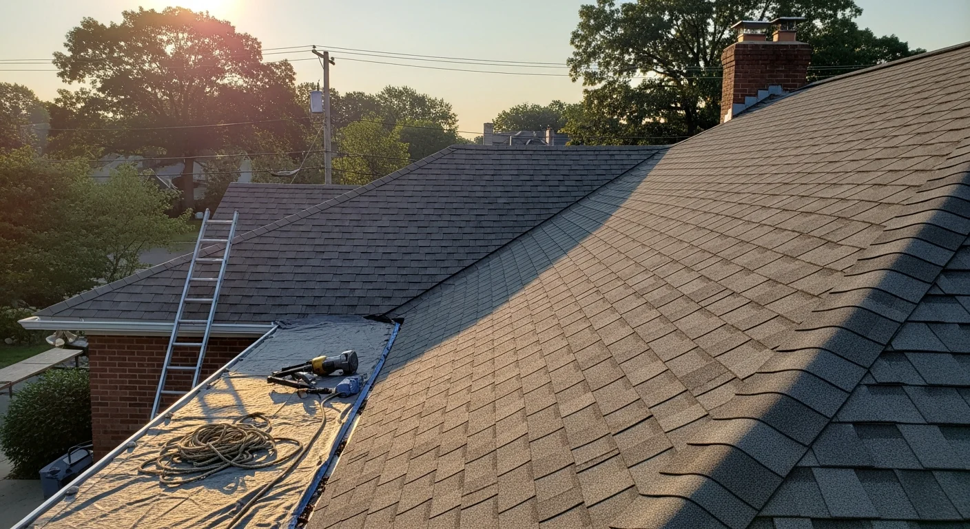 Professional roofer installing new shingles on residential roof