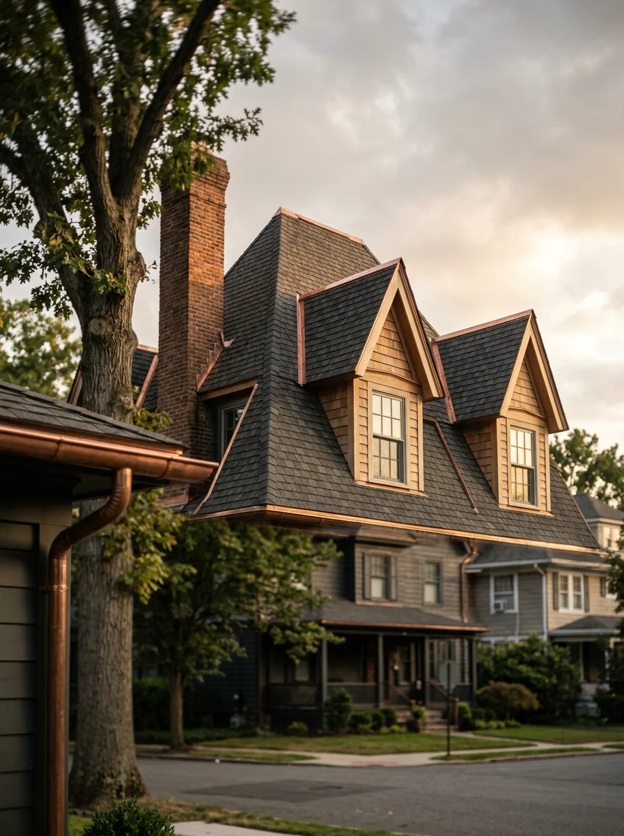 Bergen County roofline with steep pitch and dormers typical of historic homes in Ridgewood and Glen Rock, demonstrating complex roof geometry