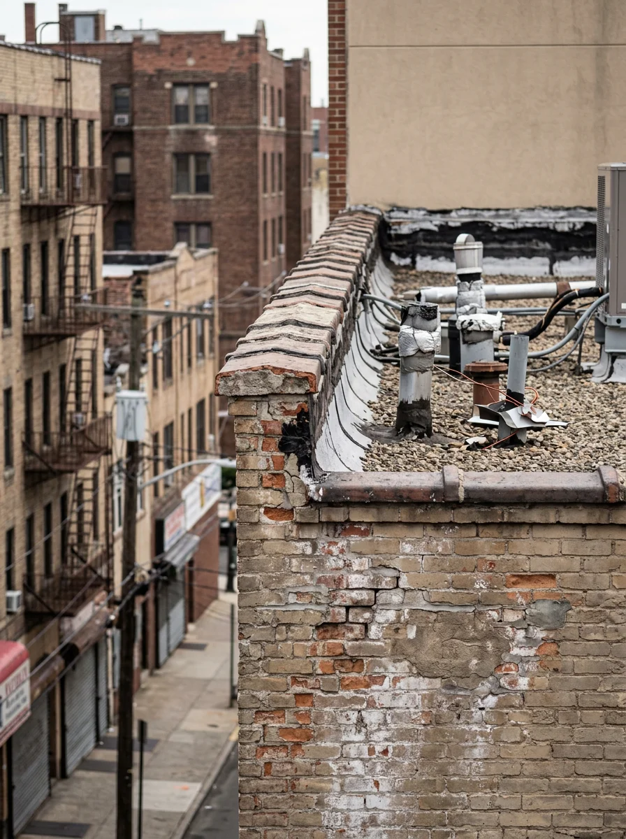 Commercial flat roof in Newark's urban core with parapet walls and HVAC penetrations typical of Essex County's industrial and multi-family buildings