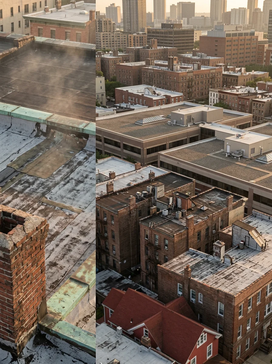 Aerial view of Hudson County's dense urban roofscape with mix of flat and pitched roofs in Hoboken and Jersey City