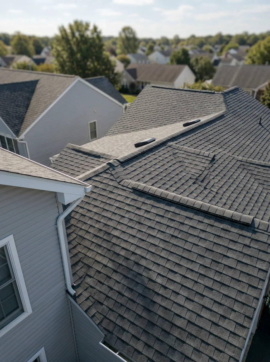 Aerial view of a completed roof replacement on a Hamilton Township home, showing wind-rated shingles and ridge ventilation against a clear sky