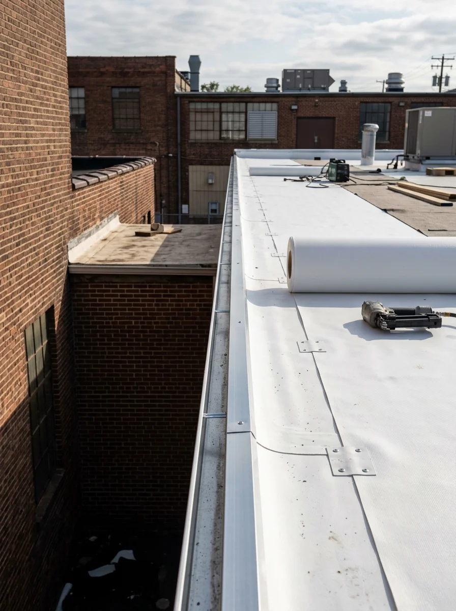 Commercial flat roof installation in Middlesex County with TPO membrane and proper drainage