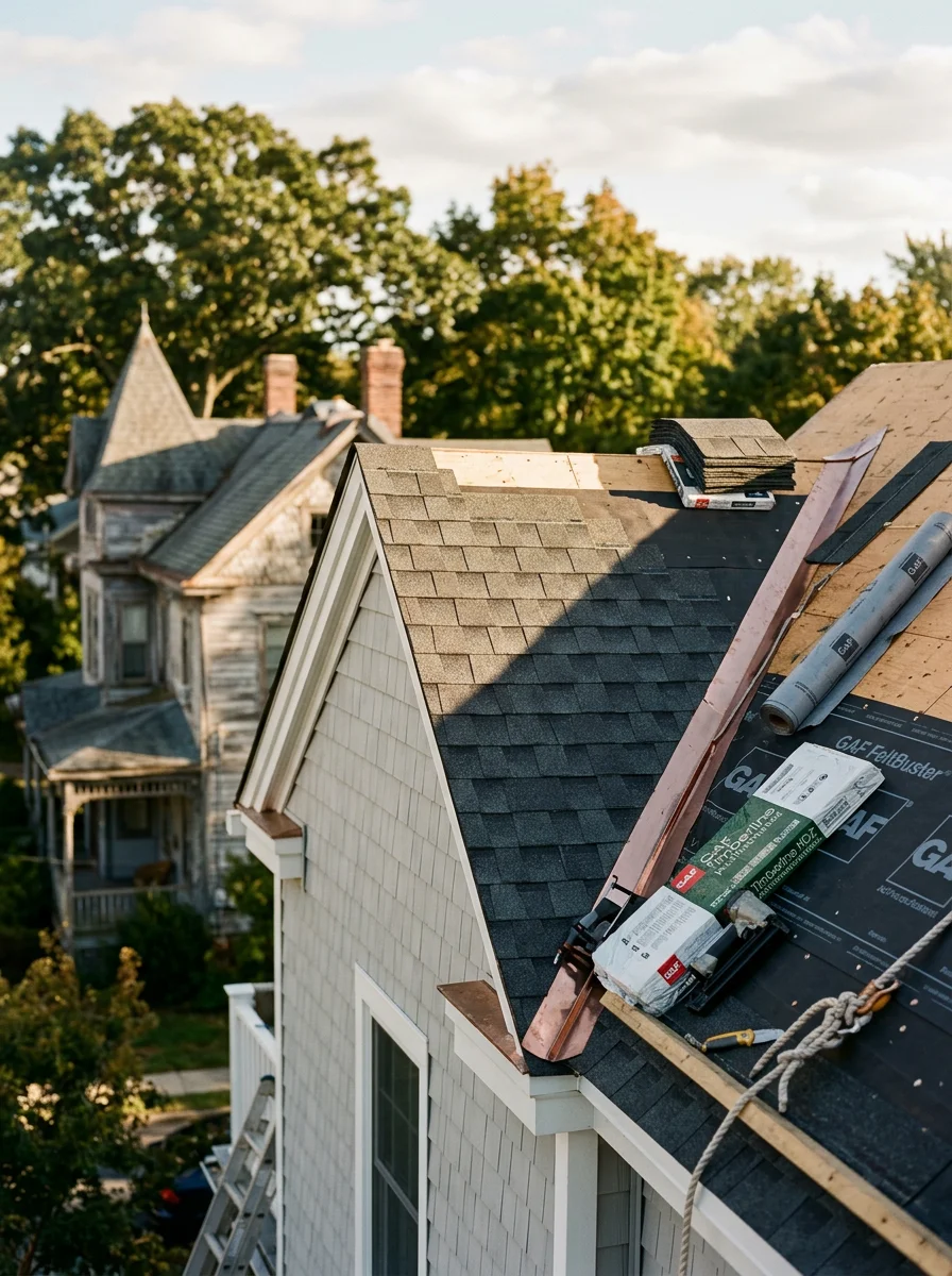 Roofing contractor installing wind-rated shingles on residential home in Monmouth County