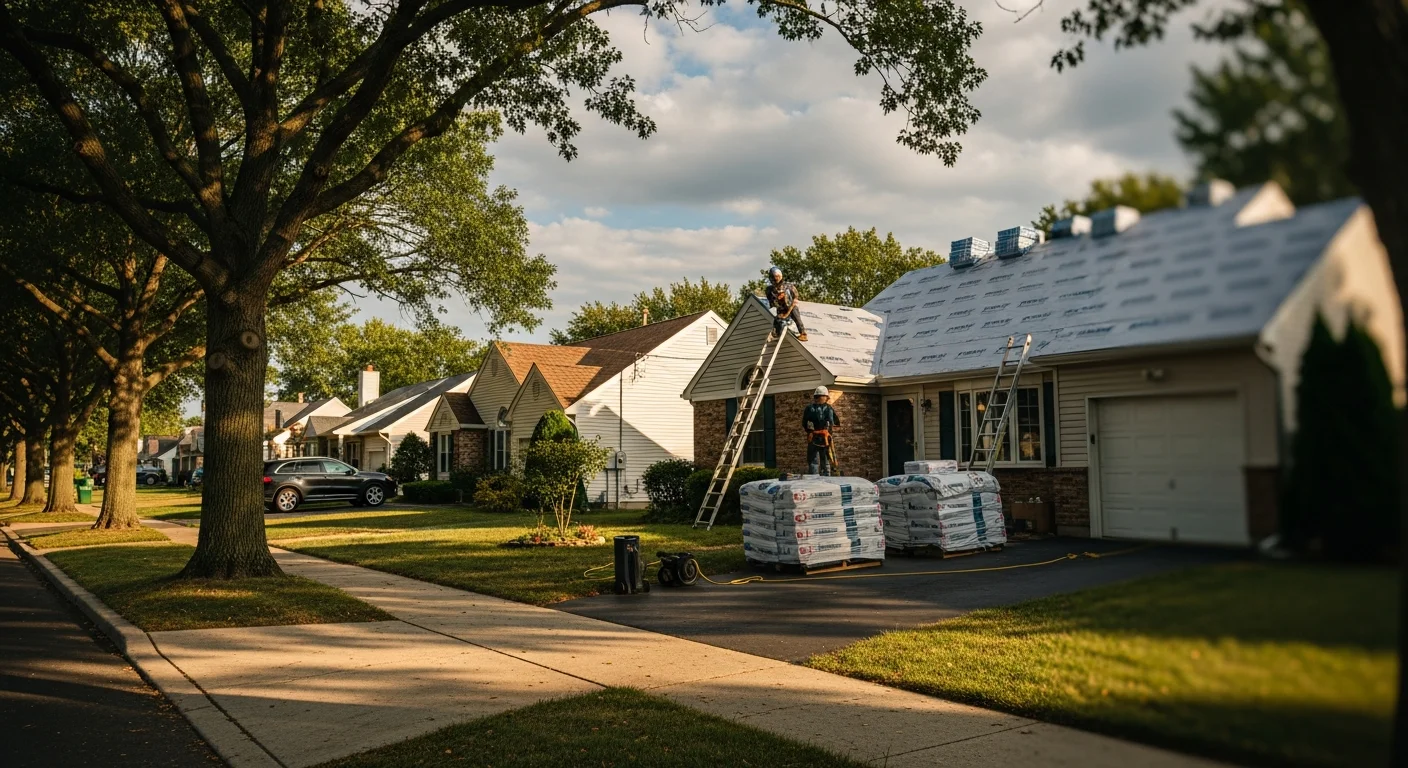 Residential street in Old Bridge with well-maintained single-family homes and mature trees lining the sidewalk.