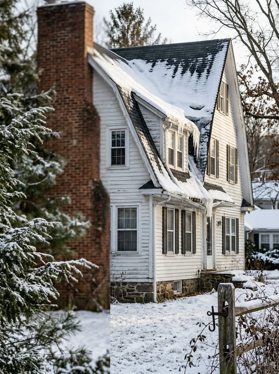 Older residential home in Warren County with steep pitched roof showing winter snow and ice accumulation
