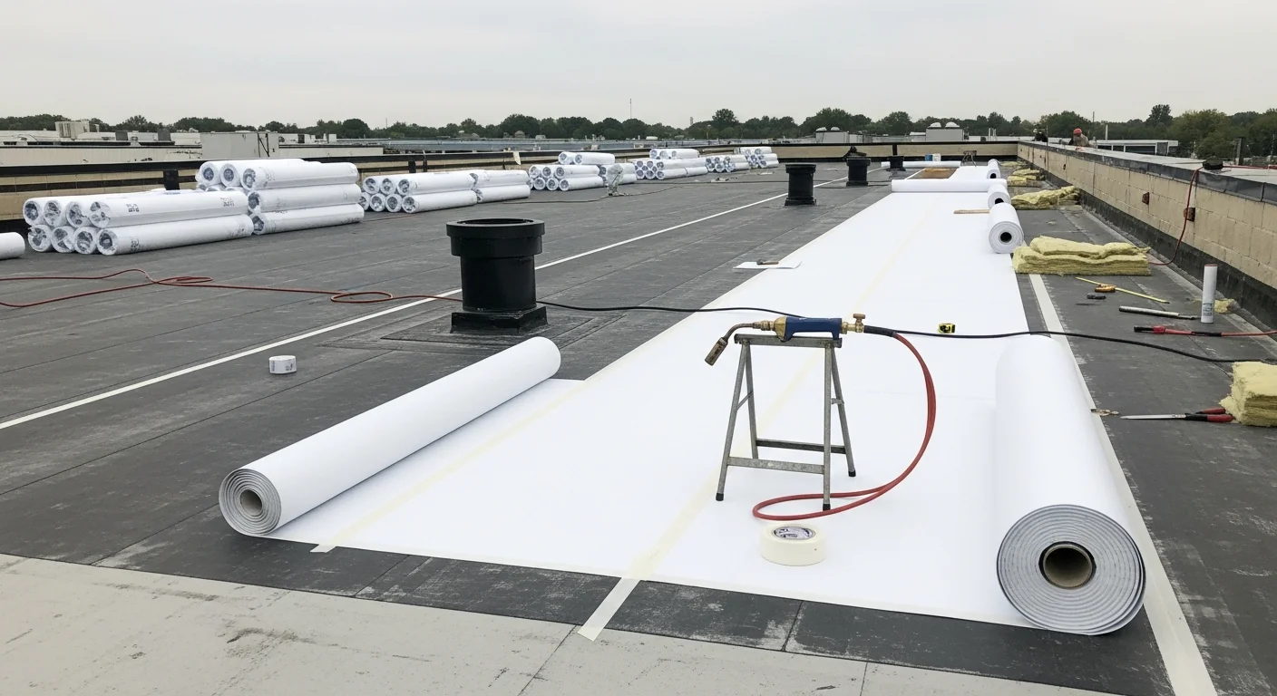 A completed commercial flat roof installation on a single-story warehouse building in Old Bridge, NJ, showing a smooth, fully sealed membrane surface with integrated drainage points. The surrounding Middlesex County commercial corridor is visible in the background.