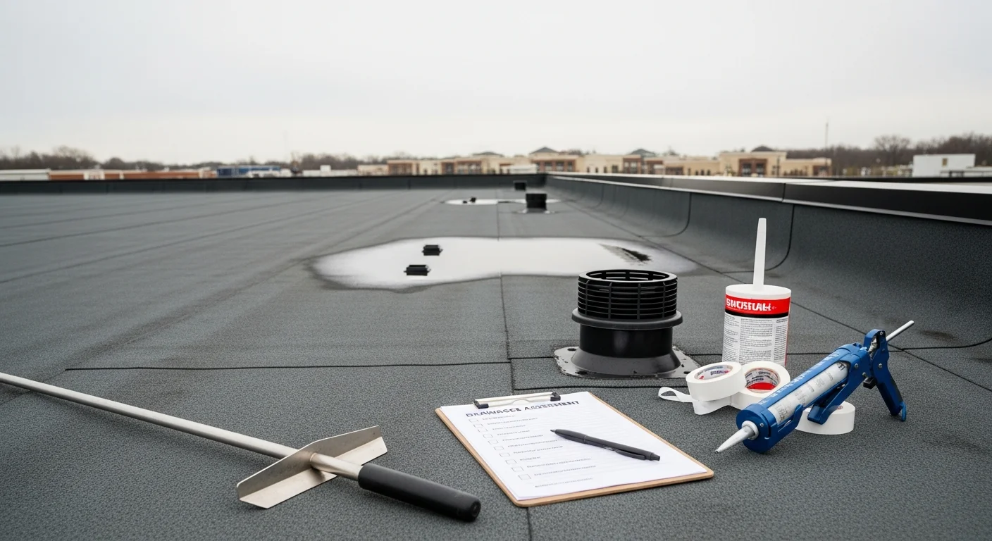 A commercial roofing technician inspecting the flat membrane surface and drainage points on a low-slope commercial building in Old Bridge, NJ. The image shows a wide rooftop with visible seams, drain covers, and flashing along the parapet wall.