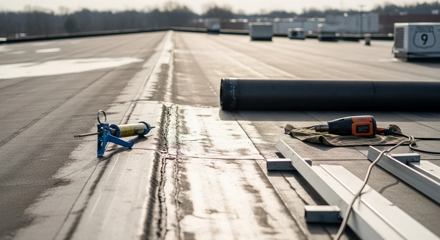 A Bayshore Roofing crew repairing a flat commercial roof membrane on a warehouse building in Old Bridge, NJ. The image shows a technician sealing a seam on a low-slope roof with a commercial district visible in the background.
