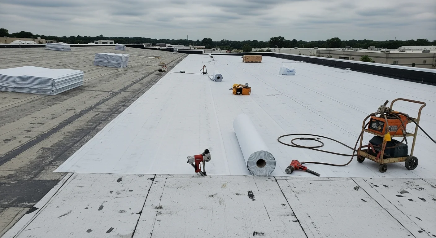 A completed commercial flat roof replacement on a large industrial building in Old Bridge, NJ, showing a clean, uniform roofing membrane across a wide low-slope surface. The surrounding area reflects the township's mix of warehouses and commercial properties along its industrial corridors.