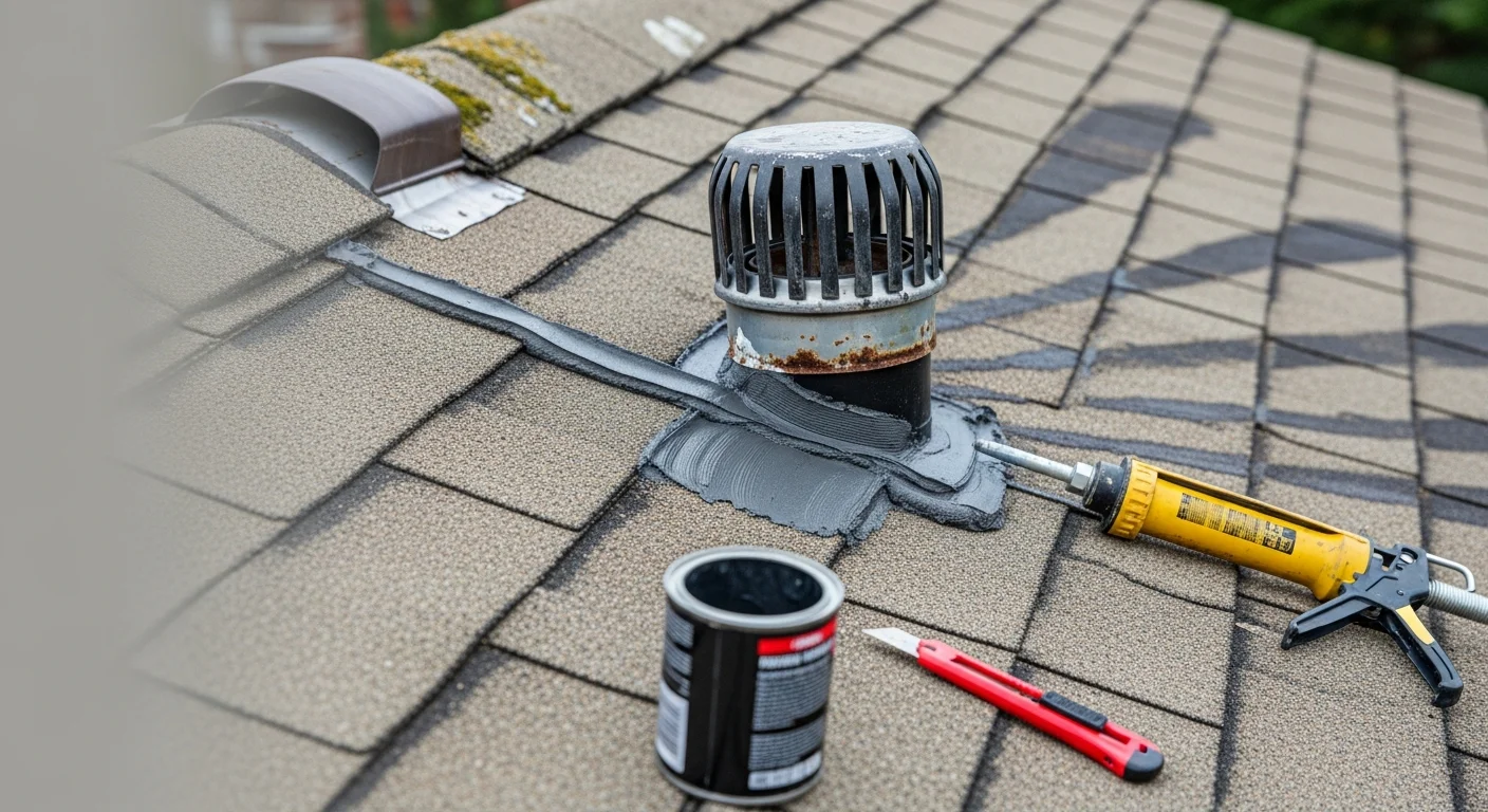 A Bayshore Roofing contractor repairing damaged flashing around a chimney on a residential asphalt shingle roof in Old Bridge, NJ. Close-up view shows the repair area with surrounding shingles and a suburban neighborhood visible in the background.