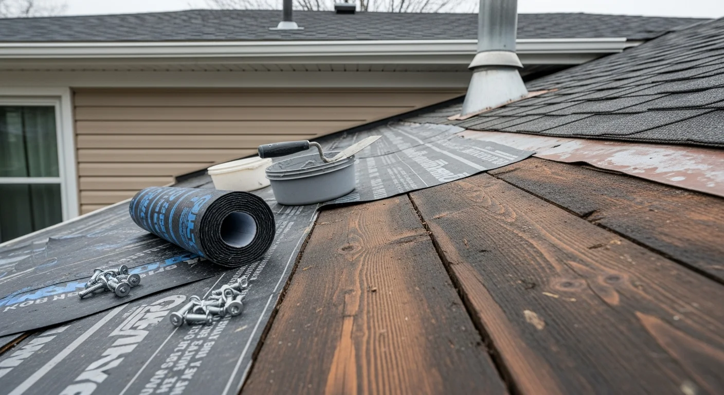 A Bayshore Roofing crew repairing damaged flashing and shingles on a residential roof in Old Bridge, NJ. The home is a colonial-style house with visible water damage repaired along the chimney line.
