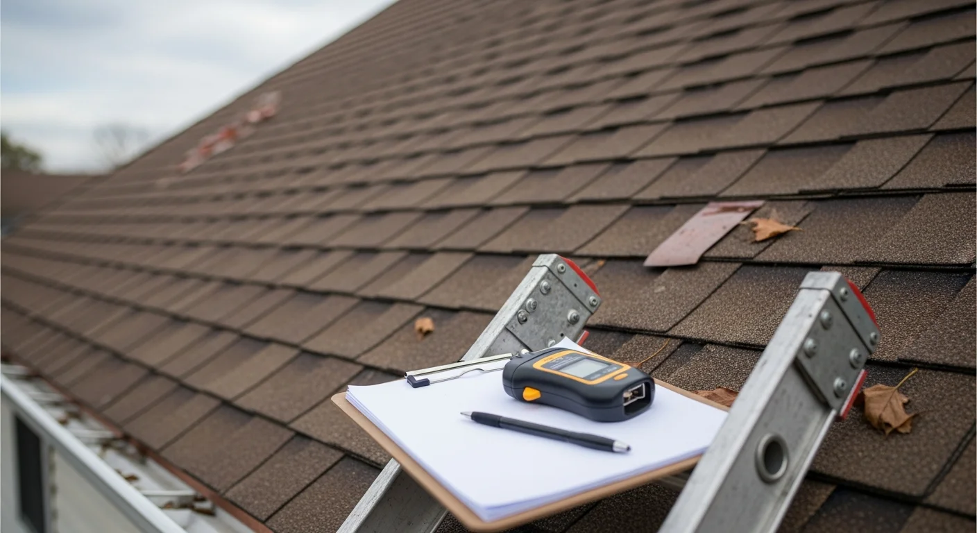 A Bayshore Roofing inspector examining the shingles and flashing on a single-family home in Old Bridge, NJ. The image shows a residential rooftop assessment in progress on a suburban ranch-style property.