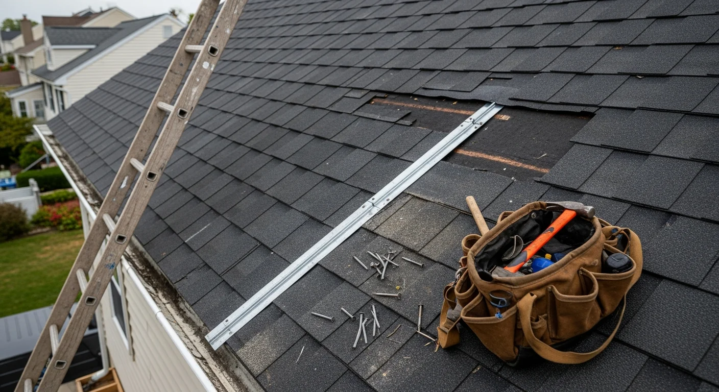 A Bayshore Roofing crew repairing damaged shingles and flashing on a single-family colonial home in Old Bridge, NJ. The repaired roof section shows clean, uniform shingles with sealed flashing along the roofline.