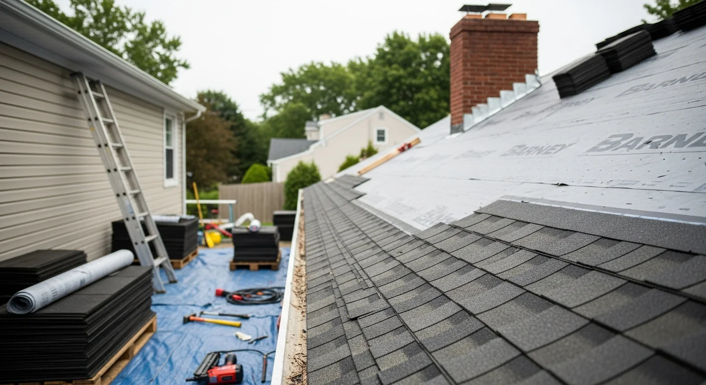 A completed residential roof replacement on a split-level home in Old Bridge, NJ, showing new architectural shingles and updated flashing around the chimney. The finished roof contrasts with the surrounding mature trees typical of Middlesex County suburban neighborhoods.