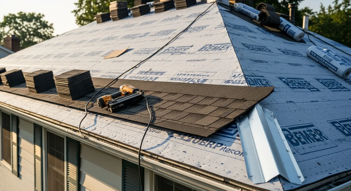 A completed residential shingle installation on a colonial-style home in Old Bridge, NJ, showing uniform shingle rows, sealed ridge cap, and new flashing at the chimney transition. The finished roof sits against a typical Old Bridge suburban streetscape of mature trees and single-family homes.