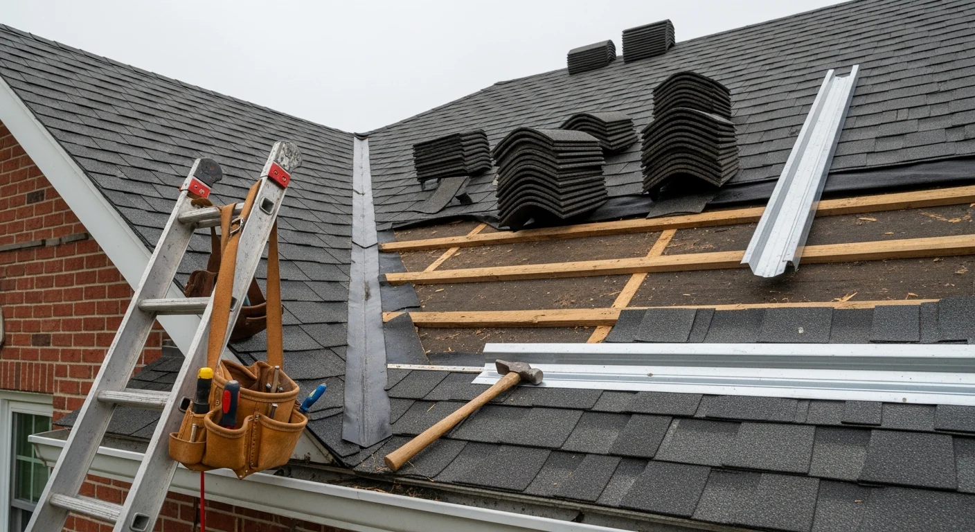 A Bayshore Roofing crew repairing damaged shingles on a single-family home in Old Bridge, NJ. The image shows a residential roof with replaced shingle sections and secured flashing on a suburban colonial-style property.