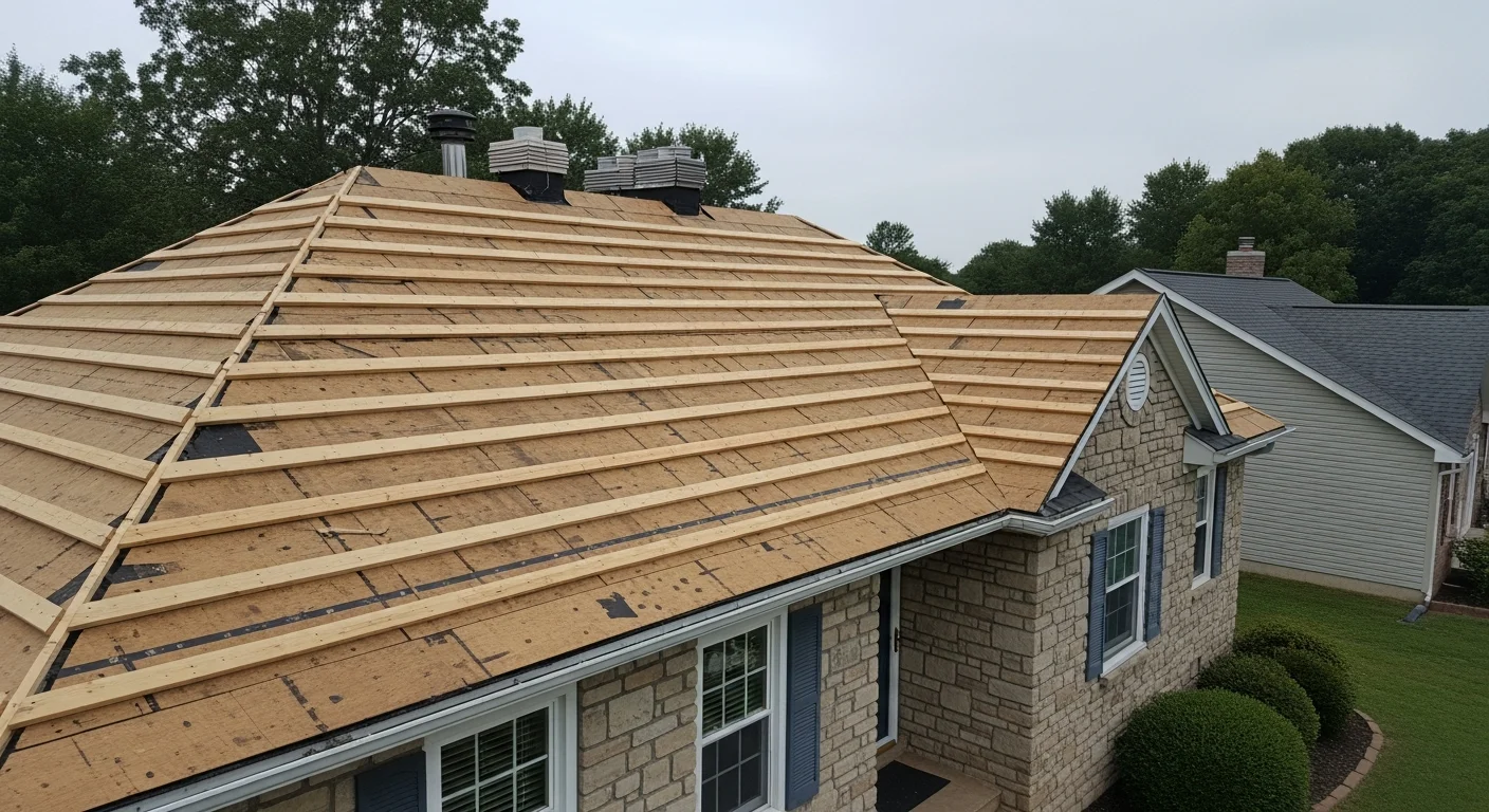 A completed roof replacement on a two-story colonial home in Old Bridge, NJ, showing new shingles installed across the full roofline with clean ridge caps and updated flashing around the chimney.