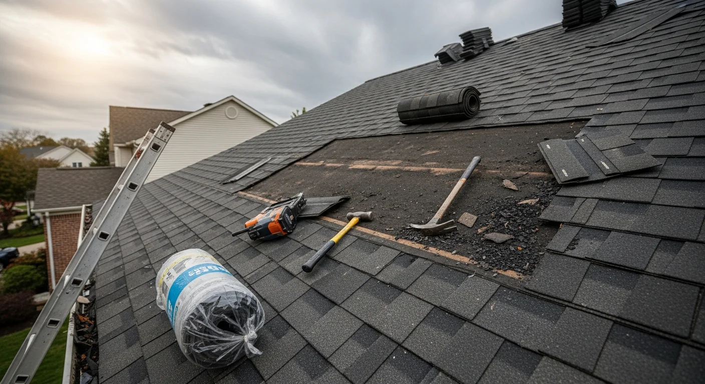 A Bayshore Roofing crew member replacing damaged shingles on a single-family home in Old Bridge, NJ. Close-up view shows freshly installed shingles blending with the existing roof surface on a residential colonial-style home.